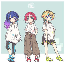 3girls akane_yuki artist_name colored_inner_hair highres idolmaster idolmaster_va-liv kamizuru_cosmo letora_(idolmaster) multicolored_hair multiple_girls sandals shirt shoes sneakers t-shirt tomori_manaka