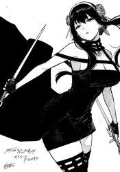 1girl armpits black_dress black_hair boots breasts cleavage commentary dress earrings english_commentary fingerless_gloves floating_clothes flower_hairband gloves greyscale guest_art hair_bun hairband half-closed_eyes halter_dress halterneck head_tilt holding holding_needle holding_weapon jewelry large_breasts long_hair long_sidelocks monochrome needle off-shoulder_dress off_shoulder official_art parted_lips reverse_grip sidelocks signature simple_background solo spy_x_family takaki_tsuyoshi thigh_boots thighhighs third-party_source weapon white_background yor_briar zettai_ryouiki