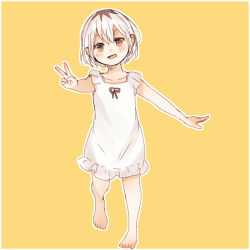 1girl :d bad_feet bad_id bad_pixiv_id bare_arms barefoot black_hair blush border commentary_request dress foreshortening full_body hair_between_eyes highres kaneki_ichika looking_at_viewer open_mouth outline short_hair simple_background smile solo tokyo_ghoul tokyo_ghoul:re toukaairab v white_border white_dress white_hair white_outline