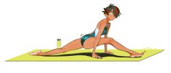 1girl absurdres ass back bare_shoulders barefoot black_hair black_nails breasts chinese_commentary commentary_request dark-skinned_female dark_skin hair_over_one_eye highres medium_breasts multicolored_hair nail_polish one-piece_swimsuit original prisoners_book_(artist) red_hair short_hair solo sweatdrop swimsuit tan tanline toenail_polish toenails two-tone_hair variant_set yellow_eyes yoga_mat