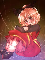 1girl :d black_bow black_shirt black_shoes blonde_hair blush bow brown_background brown_dress brown_eyes buttons commentary_request dress full_body hair_bow hair_bun highres kurodani_yamame long_dress long_sleeves looking_at_viewer open_mouth pinafore_dress ribbon shippuu_jinnari shirt shoes short_hair silk single_hair_bun sitting sleeveless sleeveless_dress smile socks solo spider_web touhou white_socks yellow_ribbon