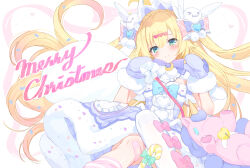 &gt;_&lt; 1boy :3 bandaid bandaid_on_knee bandaid_on_leg blonde_hair blush bow bowtie brooch closed_mouth crescent crossdressing dress english_text floating_hair frilled_hairband frills fur-trimmed_dress fur-trimmed_gloves fur_trim fuubuu gloves green_eyes hair_between_eyes hair_flaps hair_ornament hairband heart heart_brooch heart_hair_ornament highres jewelry leg_warmers long_hair male_focus merry_christmas nijisanji rabbit_hair_ornament solo stuffed_unicorn tears trap uzuki_kou very_long_hair virtual_youtuber white_bag yume_kawaii
