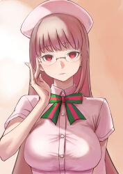 Rule 34 | 1girl, adjusting eyewear, bow, brown hair, buttons, fate/grand order, fate (series), florence nightingale (fate), florence nightingale (santa) (fate), glasses, hat, long hair, looking at viewer, nyantiu, parted lips, pink hat, red eyes, short sleeves, solo, striped bow, upper body, very long hair