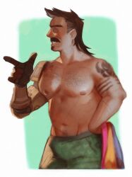 1boy apex_legends bara cowboy_shot facial_hair facing_ahead fuse_(apex_legends) goatee_stubble hairy juunipupu large_pectorals male_focus mature_male medium_hair mullet muscular muscular_male mustache navel navel_hair nipples one_eye_covered pectorals profile prosthesis prosthetic_arm smile solo sparse_chest_hair sparse_navel_hair standing stomach stubble thick_eyebrows thick_mustache