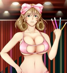 bikini blush bow breasts brown_hair cleavage curly_hair green_eyes hair_bow hand_on_own_hip haruka_(senran_kagura) holding holding_test_tube large_breasts looking_at_viewer namanama12ruiji pink_bikini pink_bow senran_kagura swimsuit test_tube