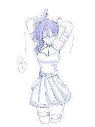 1girl absurdres arms_behind_head arms_up bare_shoulders breasts cleavage closed_eyes closed_mouth collarbone cropped_legs dress gloves hair_between_eyes highres medium_breasts pleated_dress seila_rei side_ponytail simple_background single_glove smile solo sousou_no_frieren standing thigh_strap translation_request ubel_(sousou_no_frieren) white_background