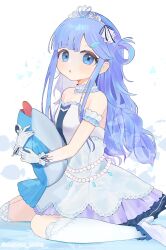 1girl asari_nanami bare_shoulders blue_eyes blue_hair blush dress gloves highres idolmaster idolmaster_cinderella_girls long_hair looking_at_viewer parted_lips shishiodoshi sitting solo starry_sky_bright_(idolmaster) stuffed_animal stuffed_fish stuffed_toy tiara