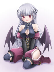 Rule 34 | 1girl, bat wings, black gloves, black thighhighs, boots, braid, breasts, cleavage, cleavage cutout, clothing cutout, corset, elbow gloves, emil chronicle online, garter straps, gloves, highres, horns, large breasts, long hair, pants, pointy ears, pulish (eco), purple boots, purple pants, red eyes, sitting, sleeveless, sleeveless turtleneck, takanashi tsukasa, thigh cutout, thighhighs, turtleneck, wariza, white hair, wings