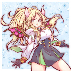 Rule 34 | 1girl, ahoge, black dress, black gloves, blonde hair, blush, breasts, dragon horns, dragon wings, dress, duel monster, ecclesia (yu-gi-oh!), gloves, horns, incredible ecclesia the virtuous, jacket, large breasts, long hair, long sleeves, looking at viewer, momobesaeka, official alternate costume, official alternate hairstyle, open mouth, ponytail, smile, solo, thighs, white eyes, white jacket, wings, yu-gi-oh!