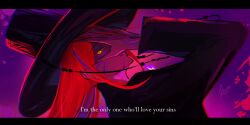 black_coat black_hat blue_hair body_markings coat elizabeth_rose_bloodflame english_text fire from_behind glowing glowing_eyes hand_on_own_face hat highres hololive hololive_english kpop_demon_hunters looking_at_viewer multicolored_hair paw_chie purple_fire red_hair slit_pupils streaked_hair two-tone_hair upper_body virtual_youtuber yellow_eyes