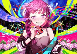 1girl alcohol_carton black_jacket blush bocchi_the_rock! braid clenched_teeth commentary_request drinking_straw drinking_straw_in_mouth earrings flower_request highres hiroi_kikuri holding_carton jacket jewelry kikugawa_roku long_hair looking_at_viewer multicolored_jacket off_shoulder open_mouth psychedelic purple_eyes purple_hair single_braid solo spaghetti_strap teeth two-tone_jacket white_jacket