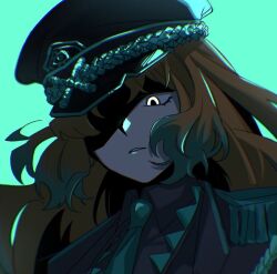Rule 34 | 1girl, aqua background, aqua necktie, blind obsession (e.g.o), collared shirt, colored tips, e.g.o (project moon), eipenor, frown, grey shirt, hat, ishmael (project moon), limbus company, long hair, multicolored hair, necktie, one eye covered, orange hair, parted lips, partially shaded face, peaked cap, portrait, project moon, shirt, simple background, solo