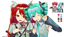 2girls ahoge alternate_hairstyle black_sleeves blue_eyes blue_necktie bow buttons color_guide detached_sleeves double-breasted drill_hair grey_jacket grey_shirt grin hair_bow hatsune_miku headphones headset highres ipop825 jacket kasane_teto kasane_teto_(sv) layered_sleeves long_hair microphone multiple_girls musical_staff musical_staff_print necktie one_eye_closed open_mouth red_eyes red_hair red_trim reference_inset shirt shoulder_belt shoulder_boards simple_background sleeveless sleeveless_shirt smile striped_clothes striped_jacket synthesizer_v twin_drills twintails upper_body utau v vocaloid white_background