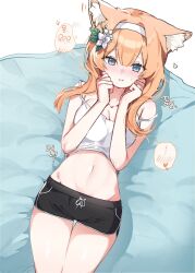 ... 1girl animal_ear_fluff animal_ears black_shorts blue_archive blue_eyes blush breasts camisole cleavage dolphin_shorts flower fox_ears groin hair_between_eyes hair_flower hair_ornament hairband halo heart highres long_hair looking_at_viewer lying mari_(blue_archive) medium_breasts midriff navel neoul_4444 on_back orange_hair short_shorts shorts solo spoken_blush spoken_heart stomach strap_slip thigh_gap white_camisole white_flower white_hairband yellow_halo