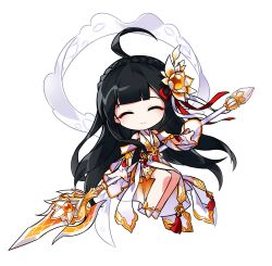 1girl ^_^ absurdres ahoge apsara_(elsword) ara_haan bare_legs black_hair blunt_bangs boots braid bridal_gauntlets chibi closed_eyes closed_mouth crown_braid detached_sleeves elsword eyeliner floating_clothes floating_hair game_cg glaive_(polearm) hair_ribbon highres holding holding_behind_back holding_polearm holding_weapon holding_weapon_behind_back hwansang invisible_chair japanese_clothes kimono kimono_dress light_blush long_hair long_sleeves looking_at_viewer makeup miniskirt official_art pleated_skirt polearm red_eyeliner red_ribbon ribbon second-party_source sidelocks sitting skirt sleeveless sleeveless_kimono smile solo tachi-e transparent_background two-tone_ribbon very_long_hair weapon white_boots white_bridal_gauntlets white_kimono white_ribbon white_sleeves yellow_skirt
