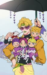 Rule 34 | 6+boys, absurdres, aged down, animal print, baby, baby carry, black leotard, black nails, blonde hair, blood, blood bag, blue eyes, braid, brothers, carrying, carrying baby, carrying person, closed mouth, cow print, cream (stand), dio brando, donatello versus, drinking blood, drinking straw, earrings, father and son, giorno giovanna, green eyes, green lips, hat, heart, highres, holding, holding umbrella, honlo, jacket, jewelry, jojo no kimyou na bouken, leotard, long hair, long sleeves, looking at viewer, male focus, multiple boys, muscular, pants, parasol, rikiel, short hair, siblings, simple background, sunglasses, terence t. d&#039;arby, umbrella, ungaro, vampire, vanilla ice, yellow eyes, yellow jacket, yellow pants