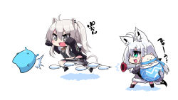 2girls ahoge animal_ear_fluff animal_ears brown_coat chibi coat commentary_request daifuku_(yukihana_lamy) earrings fox_ears fox_girl fox_tail fur-trimmed_coat fur_trim green_eyes grey_eyes grey_hair hair_between_eyes highres holding holding_weapon hololive jewelry jumping lion_ears lion_girl lion_tail long_sleeves multiple_girls open_mouth shirakami_fubuki shishiro_botan shishiro_botan_(1st_costume) simple_background sleeves_past_wrists slug snowball tail virtual_youtuber weapon white_background white_hair yoru_no_night
