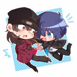 2boys aragaki_shinjirou beanie black_jacket black_pants blue_eyes blue_hair blush brown_eyes brown_hair chibi coat collared_shirt commentary_request full_body gekkoukan_high_school_uniform hair_over_one_eye hands_in_pockets hat highres imminent_hug jacket long_sleeves looking_at_another male_focus medium_hair multiple_boys open_mouth pants persona persona_3 school_uniform shirt short_hair sweatdrop w_wota white_shirt yuuki_makoto_(persona_3)