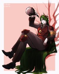 1other :q arm_up armband black_shorts bottle brown_pants brown_shirt closed_mouth crossed_legs crown e.g.o_(project_moon) employee_(project_moon) giant_tree_sap green_hair heaven_(e.g.o) highres holding holding_bottle lobotomy_corporation long_hair long_sleeves nugget_(project_moon) orange_armband pants project_moon red_armband red_crown red_eyes shirt shorts sitting tongue tongue_out very_long_hair yatsumeunagi