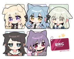 Rule 34 | 5girls, animal ears, ave mujica (bang dream!), bang dream!, bang dream! it&#039;s mygo!!!!!, black hair, black necktie, black ribbon, blonde hair, blue eyes, blue hair, blue shirt, cat ears, cat girl, chibi, commentary, dog ears, dog girl, earrings, frilled shirt, frills, green hair, grey shirt, hair between eyes, hair ribbon, hanasakigawa school uniform, haneoka school uniform, highres, jewelry, kemonomimi mode, kyou 039, long hair, medium hair, misumi uika, multiple girls, neck ribbon, necktie, purple eyes, purple hair, red ribbon, ribbon, sailor collar, school uniform, shirt, sidelocks, sleeveless, togawa sakiko, tsukinomori school uniform, wakaba mutsumi, white sailor collar, white shirt, yahata umiri, yellow eyes, yuutenji nyamu