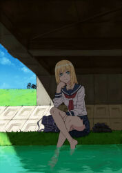 1girl bag bicycle black_shoes black_socks blonde_hair blue_bag blue_skirt breasts closed_mouth collarbone crossed_legs dot_nose female_focus grass green_eyes hand_on_own_cheek hand_on_own_chin hand_on_own_face highres kyou_no_asuka_show kyouno_asuka legs long_hair long_sleeves miniskirt on_ground onsen_nakaya panties pantyshot pleated_skirt river school_bag school_uniform serafuku shoes sitting skirt small_breasts socks solo solo_focus source_request textless_version thighs under_bridge underwear water white_panties white_serafuku