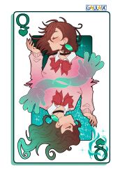 Rule 34 | 1girl, absurdres, alternate form, artist name, ayase momo, black choker, blush, bow, bowtie, brown hair, choker, closed eyes, collared shirt, commentary, dandadan, earrings, english commentary, facing to the side, floating hair, gaulaix, hand up, heart, highres, jewelry, long hair, long sleeves, medium hair, open hands, pink sweater, profile, queen (playing card), queen of hearts (playing card), red bow, red bowtie, school uniform, shirt, solo, sparkle, sweater, upside-down, white shirt