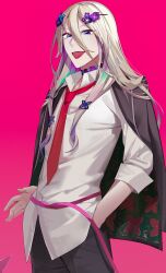 Rule 34 | 1boy, absurdres, belt, black jacket, black pants, blonde hair, blue eyes, butterfly hair ornament, choker, collared shirt, cowboy shot, fate/grand order, fate (series), flower, hair between eyes, hair flower, hair ornament, hairclip, hand in pocket, highres, id (fate/grand order), jacket, jacket on shoulders, long sleeves, looking at viewer, male focus, multicolored eyes, necktie, pants, pink background, pink belt, pink eyes, pseudo-tokyo school uniform, purple background, purple choker, purple eyes, purple flower, red necktie, school uniform, shirt, sidelocks, simple background, solo, standing, tongue, tongue out, white shirt, wing collar, wolfgang amadeus mozart (fate), yukkuri (fumoyun)