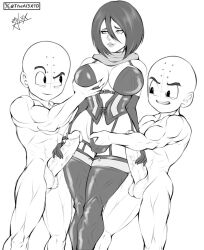 Rule 34 | 1girl, 2boys, bald, bald male, black eyes, black hair, blush, breasts, clones, crossover, dragon ball, dual persona, excited, excited for sex, fingering, grabbing another&#039;s penis, groping breast, happy, highres, kuririn, large breasts, large penis, mikasa ackerman, multiple boys, muscular, muscular male, nipples, penis, shingeki no kyojin, smile, smug, theal3x10, thick thighs, thighs, uncensored, veins, veiny penis
