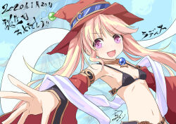 1girl bikini black_bikini blonde_hair breasts hat iris_mysteria! ladis_(iris_mysteria!) purple_eyes small_breasts swimsuit twintails umarutsufuri witch_hat