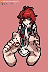 Rule 34 | 1girl, armor, artist name, barefoot, blush, closed mouth, feet, female focus, fire emblem, fire emblem fates, fire emblem if, foot focus, highres, hinoka (fire emblem), nail polish, nintendo, reathroch, red hair, red nails, short hair, simple background, soles, solo, toenail polish, toenails, toes