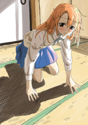 Rule 34 | 1girl, blush, hair between eyes, idolmaster, idolmaster cinderella girls, idolmaster cinderella girls u149, light smile, mat, mebachi maguro (trok mebachi), orange eyes, orange hair, school uniform, shadow, skirt, tagme, yuuki haru