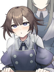 2girls absurdres blue_eyes blue_jacket brown_hair cotan_(actancyaga) duel_monster exosister_irene exosister_sophia heart heart-shaped_pupils highres implied_sex jacket long_hair multiple_girls rolling_eyes sex sex_from_behind short_hair simple_background symbol-shaped_pupils upper_body white_background yu-gi-oh!