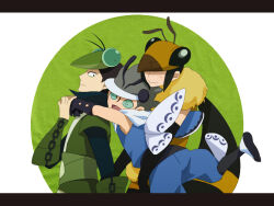 3boys antennae arm_up arms_around_neck black_gloves black_hair blue_pants blue_sclera blue_shirt blush bug butterfly butterfly_wings colored_sclera commentary_request compound_eyes covered_eyes fur_trim gloves green_robe grey_hair helmet honnomusi323 insect insect_wings katanagatari letterboxed long_sleeves looking_back male_focus maniwa_chouchou maniwa_kamakiri maniwa_mitsubachi multiple_boys open_mouth pants praying_mantis robe shirt short_hair smile tongue wasp wavy_mouth white_background wings yellow_fur