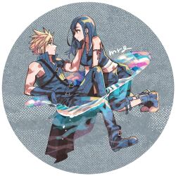 1boy 1girl apron arm_ribbon bare_shoulders black_apron black_gloves black_hair black_pants black_shirt black_shorts black_vest blonde_hair blue_eyes breasts closed_mouth cloud_strife crop_top earrings eye_contact final_fantasy final_fantasy_vii final_fantasy_vii_advent_children from_side full_body gloves hand_on_another&#039;s_cheek hand_on_another&#039;s_face jewelry large_breasts long_hair looking_at_another midriff_peek mrg2by pants parted_lips partially_submerged popped_collar profile red_eyes red_ribbon ribbed_shirt ribbon shirt short_hair shorts single_earring single_shoulder_pad sleeveless sleeveless_shirt smile spiked_hair tank_top tifa_lockhart vest waist_apron water white_tank_top