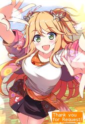 Rule 34 | 1girl, :d, blonde hair, breasts, commission, floral print skirt, from above, furisuku (gerbera), green eyes, highres, kimono on shoulders, large breasts, ninon (princess connect!), open mouth, princess connect!, shirt, shuriken hair ornament, skeb commission, smile, solo, two side up, water, wooden floor
