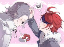 2boys absurdres ahoge animal_ears aotsuki_eito arm_up black_streaks blue_eyes cathon613 chinese_commentary dog_ears grey_hair grey_jacket headpat highres hood hoodie image_in_thought_bubble jacket jacket_over_hoodie leaning_forward long_sleeves looking_at_another male_focus multicolored_hair multicolored_jacket multiple_boys pink_background red_hair short_hair smile spoilers streaked_hair sumino_takumi sunglasses sweatdrop the_hundred_line_-last_defense_academy- twitter_username two-tone_background two-tone_jacket upper_body white_background white_hoodie white_jacket