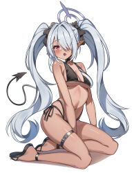 1girl absurdres belt bikini black_bikini blue_archive blush bow breasts chai_mao commentary dark-skinned_female dark_skin demon_tail grey_hair hair_bow hair_over_one_eye halo highres iori_(blue_archive) long_hair looking_at_viewer medium_breasts navel open_mouth red_eyes sandals seiza side-tie_bikini_bottom simple_background sitting solo swimsuit tail thigh_belt thigh_strap twintails white_background