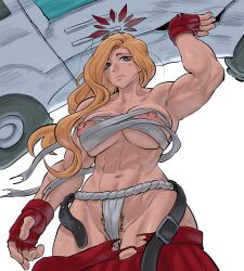 Rule 34 | 1girl, abs, akemi (blue archive), biceps, blonde hair, blue archive, breasts, chest sarashi, crossed belts, delinquent, female pubic hair, fingerless gloves, fluffy hair, fundoshi, gloves, halo, heppari, highres, japanese clothes, large breasts, long hair, looking at viewer, mole, mole under eye, muscular, muscular female, navel, nipple slip, nipples, pubic hair, pubic hair peek, red gloves, red halo, red skirt, sarashi, simple background, skirt, solo, sukeban, white background