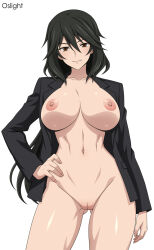 1girl artist_name black_hair black_jacket breasts breasts_apart brown_eyes closed_mouth commentary commentary_request cowboy_shot english_commentary hand_on_own_hip highres infinite_stratos jacket large_breasts legs long_hair long_sleeves naked_jacket navel nipples orimura_chifuyu oslight pussy seductive_gaze seductive_smile simple_background smile solo standing stomach thighs toned uncensored watermark white_background