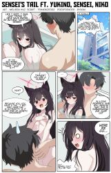 Rule 34 | 1boy, 1girl, absurdres, animal ear fluff, animal ears, bathing, black hair, blue archive, blush, completely nude, covering breasts, covering privates, fox ears, fox girl, hair between eyes, halo, highres, long hair, looking at another, melissa v2, no eyes, nude, open mouth, red eyes, red halo, sensei (blue archive), short hair, yukino (blue archive)
