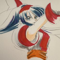 Rule 34 | 1girl, ainu clothes, armpit peek, blue eyes, blue hair, breasts, fingerless gloves, gloves, hair ribbon, highres, long hair, looking at viewer, medium breasts, nakoruru, open mouth, outstretched arm, ribbon, samurai spirits, snk, solo, traditional media