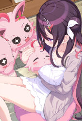 absurdres alternate_costume azki_(hololive) baby blush breasts brown_hair brown_jacket colored_inner_hair commentary_request creature dress feet_out_of_frame from_above hair_bun hair_ornament hairclip highres hololive indoors jacket knee_up long_hair looking_at_creature mille mole mole_under_eye multicolored_hair on_floor one_side_up parted_hair pink_hair pioneer_(azki) purple_eyes side_up_bun single_side_bun sitting small_breasts very_long_hair virtual_youtuber white_dress