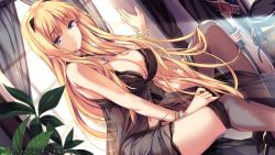 1girl artist_name babydoll baldr_sky black_hat black_legwear black_shoes blonde_hair blue_eyes blue_ribbon bracelet breasts cleavage closed_eyes closed_mouth curtains dutch_angle female_focus fingernails hair_ornament hat hat_ribbon high_heels indoors jewelry kirishima_rain large_breasts lips long_hair looking_at_viewer monety navel pendant plant ribbon shoes sitting smile solo sunlight thighhighs_pull unworn_hat unworn_headwear very_long_hair window