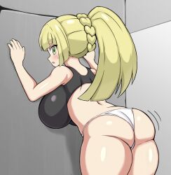ass blonde_hair breasts creatures_(company) game_freak green_eyes highres huge_ass huge_breasts jaga334 lillie_(pokemon) nintendo pokemon pokemon_sm ponytail