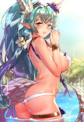 arched_back ass bare_shoulders blue_eyes blue_hair blush breasts butt_crack commentary_request highres horns king&#039;s_raid laias_(king&#039;s_raid) large_breasts long_hair looking_at_viewer nail_polish naso4 pointy_ears ponytail round_teeth sideboob smile solo tail teeth wading water white_background