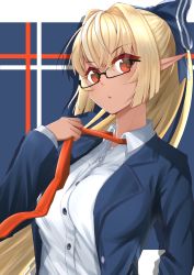 1girl :o absurdres adjusting_clothes adjusting_necktie black-framed_eyewear blazer blonde_hair blue_bow blue_jacket borumete bow breasts collared_shirt dark-skinned_female dark_skin dress_shirt elf glasses hair_bow hair_intakes highres hololive jacket large_breasts long_hair long_sleeves looking_at_viewer multicolored_hair necktie open_clothes open_jacket pointy_ears ponytail red_eyes red_necktie shiranui_flare shirt solo streaked_hair upper_body very_long_hair virtual_youtuber white_shirt