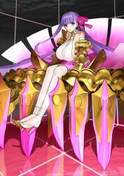 1girl arm_strap bare_shoulders breasts collar fate/grand_order fate_(series) floating_hair full_body grid hair_ribbon halterneck high_heels huge_breasts long_hair long_sidelocks looking_at_viewer mechanical_arms miniskirt no_socks o-ring official_art parted_lips passionlip_(fate) passionlip_(third_ascension)_(fate) pink_eyes pink_ribbon pink_skirt pumps purple_hair ribbon shirt shoes sideboob sidelocks single_sidelock sitting skirt solo thighhighs third-party_source variant_set very_long_hair wada_arco white_collar white_shirt white_shoes white_thighhighs