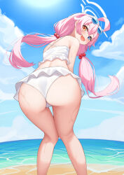 1girl absurdres ahoge ass bare_shoulders bikini bikini_skirt blue-tinted_eyewear blue_archive blue_eyes blue_sky cameltoe cloud commentary_request day eyewear_on_head frilled_bikini frills from_behind hair_bobbles hair_ornament halo heterochromia highres hoshino_(blue_archive) hoshino_(swimsuit)_(blue_archive) huge_filesize kneepits leaning_forward loli long_hair looking_at_viewer looking_back low_twintails official_alternate_costume open_mouth outdoors pink_hair pink_halo sky smile solo styx sunglasses sweat swimsuit thighs tinted_eyewear twintails water wet white_bikini yellow_eyes