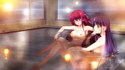 2girls :3 :d armpits bath bathroom bathtub bent_back black_hair bow breasts closed_eyes closed_mouth cloud collarbone completely_nude convenient_censoring crossed_legs elbow_rest eyebrows_hidden_by_hair feet feet_out_of_frame floating_breasts floating_hair from_side full_body full_moon fumio_(ura_fmo) game_cg grisaia_(series) grisaia_no_rakuen hair_bow hair_rings half-closed_eyes hand_on_own_knee head_tilt highres horizon indoors knees_up large_breasts leaning_back legs_together light_blush long_eyelashes long_hair long_sidelocks moon multiple_girls navel night night_sky nipples non-web_source nude ocean official_art open_hands open_mouth outstretched_arms partially_submerged purple_hair raised_eyebrows reclining red_eyes red_hair relaxing sakaki_yumiko same-sex_bathing shared_bathing sidelocks sitting sky smile smug sparkling_eyes spread_arms sun sunset suou_amane swept_bangs thick_eyelashes thighs tile_wall tiles v-shaped_eyebrows variant_set very_long_hair watanabe_akio water wet wet_hair white_bow window