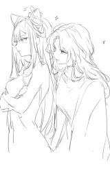 Rule 34 | 2girls, animal ears, bare arms, bare shoulders, breasts, crossed arms, dress, from side, greyscale, long hair, lpip, medium breasts, monochrome, multiple girls, original, parted bangs, shirt, simple background, sleeveless, sleeveless dress, very long hair, white background